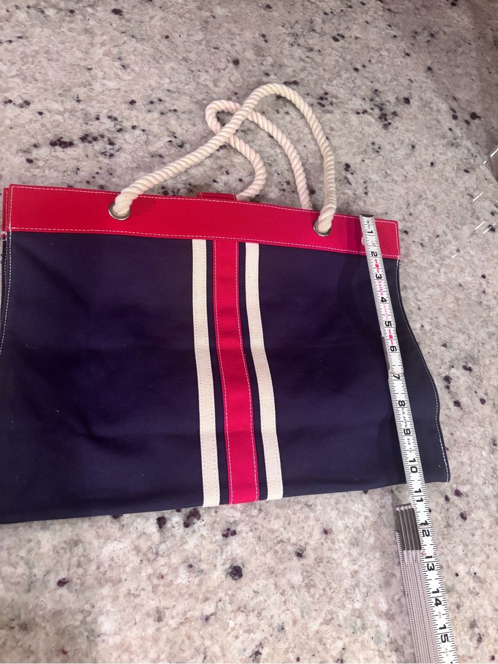 Large Navy Canvas Tote Bag Red Stripe Rope Handles Beach Travel Carryall - Picture 8 of 9